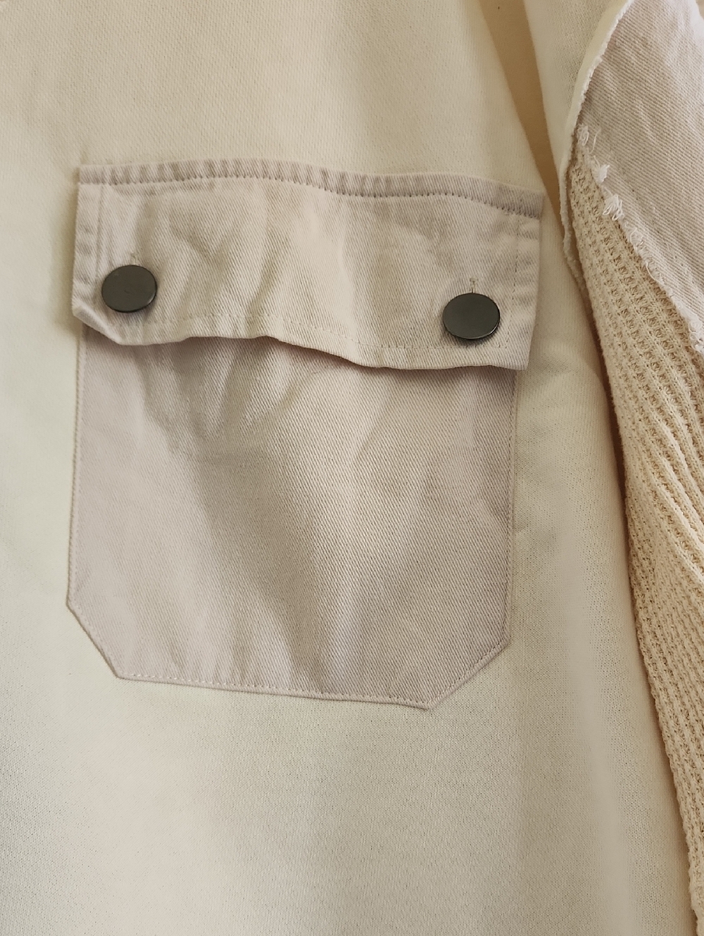 POL  Boutique Boho Oversized Cream Patchwork Waffle-Knit Studded Sweatshirt - Picture 7 of 11